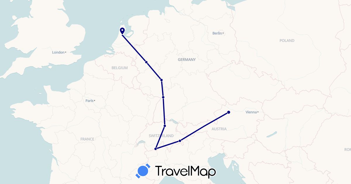 TravelMap itinerary: driving in Austria, Switzerland, Germany, Netherlands (Europe)